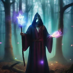 A male wizard wearing a phantom mask, standing in a mystical forest with glowing magical symbols floating around him