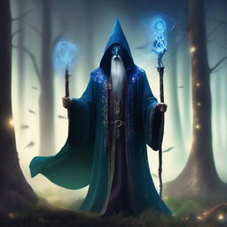 A male wizard wearing a phantom mask, standing in a mystical forest with glowing magical symbols floating around him