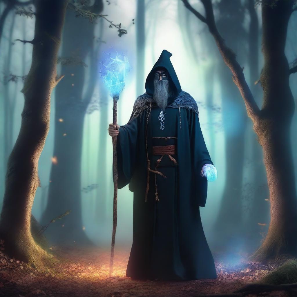 A male wizard wearing a phantom mask, standing in a mystical forest with glowing magical symbols floating around him