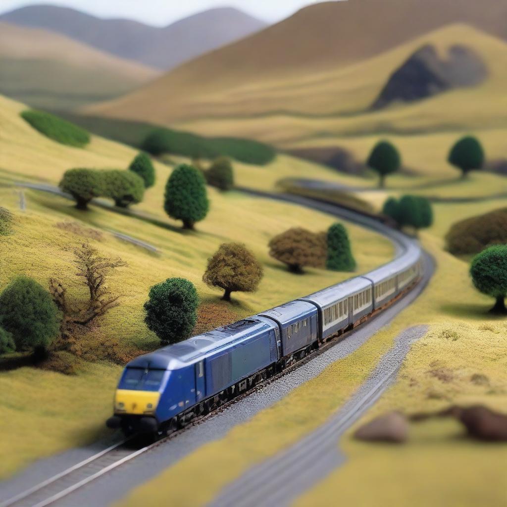 A detailed model railway set in the Scottish Highlands, featuring a ScotRail train traveling through the mountainous landscape