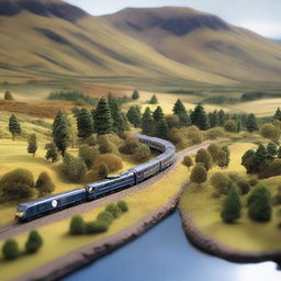 A detailed model railway set in the Scottish Highlands, featuring a ScotRail train traveling through the mountainous landscape