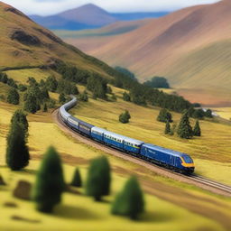 A detailed model railway set in the Scottish Highlands, featuring a ScotRail train traveling through the mountainous landscape