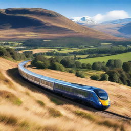 A modern Scottish train traveling through the scenic countryside