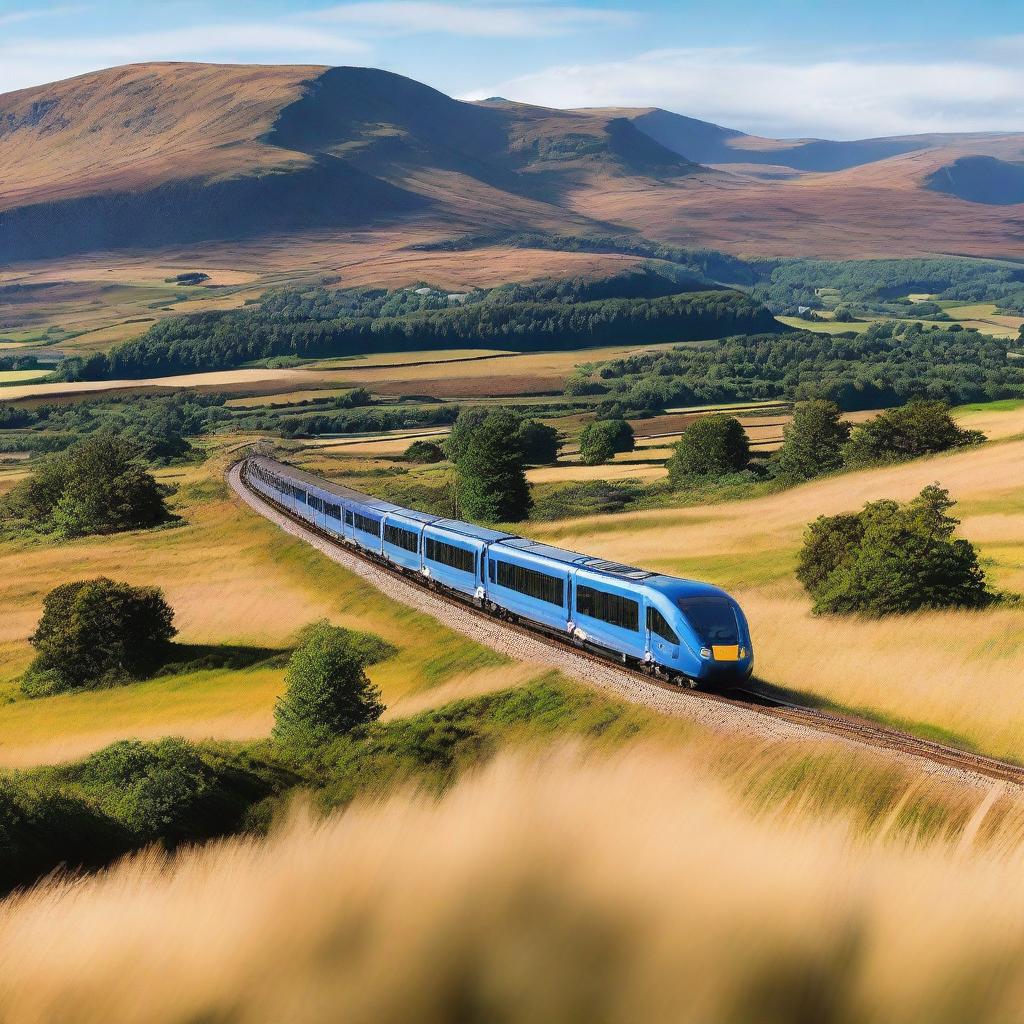 A modern Scottish train traveling through the scenic countryside