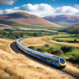 A modern Scottish train traveling through the scenic countryside