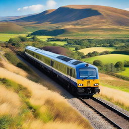 A modern Scottish train traveling through the scenic countryside