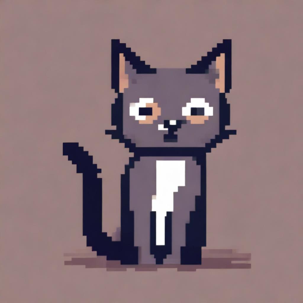 A cute pixel art cat with large, expressive eyes, sitting and looking curiously at the viewer