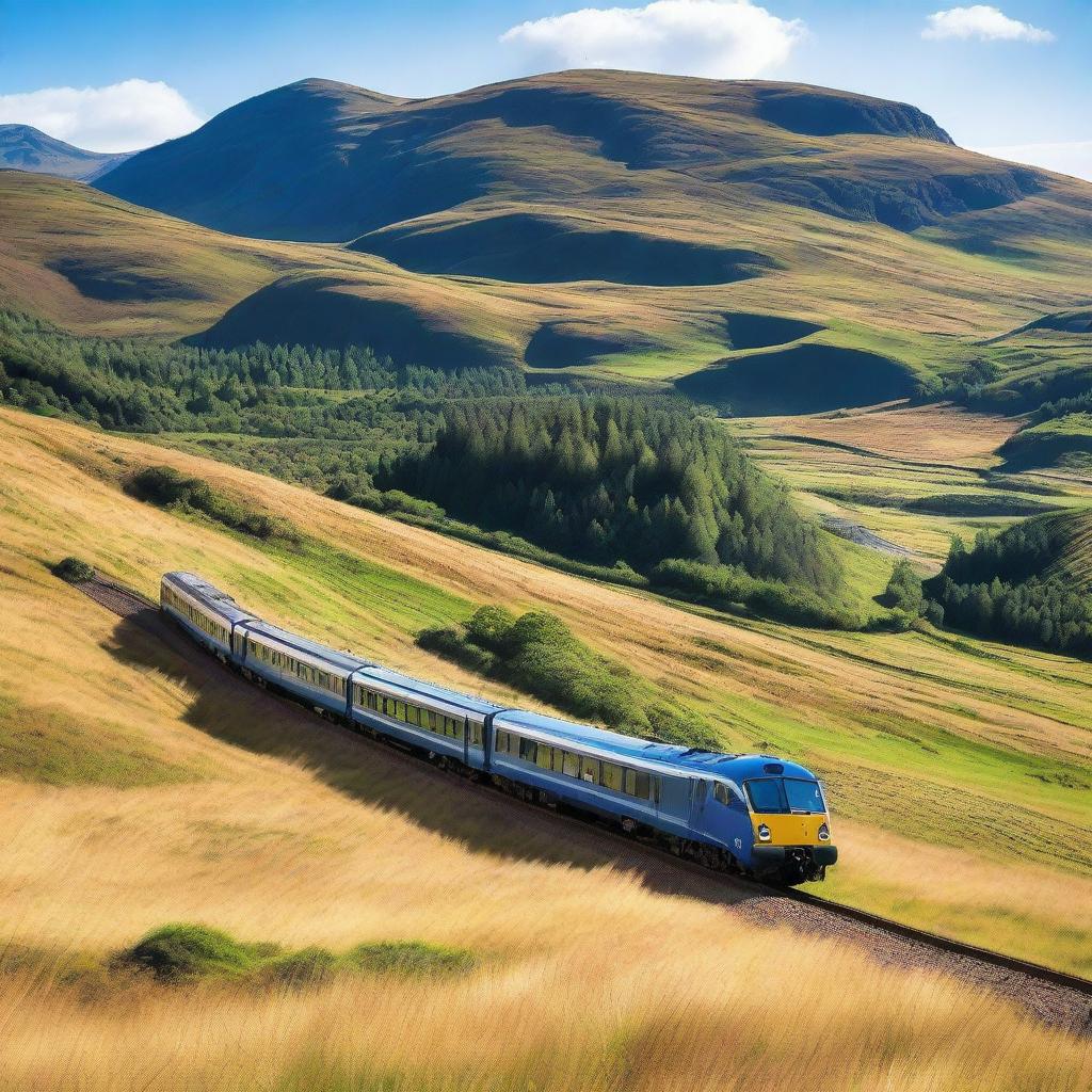 A train covered with the St Andrew's flag, traveling through the scenic Scottish Highlands