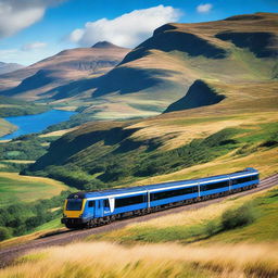 A train covered with the St Andrew's flag, traveling through the scenic Scottish Highlands