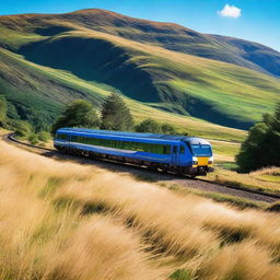 A train covered with the St Andrew's flag, traveling through the scenic Scottish Highlands