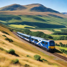 A train covered with the St Andrew's flag, traveling through the scenic Scottish Highlands