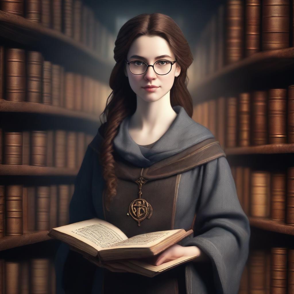 A detailed image of a medieval young sorcerer woman with brown hair in a ponytail, wearing glasses and grey robes