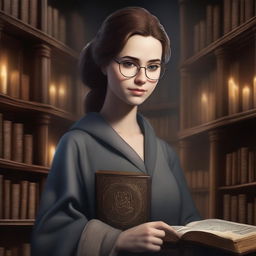 A detailed image of a medieval young sorcerer woman with brown hair in a ponytail, wearing glasses and grey robes