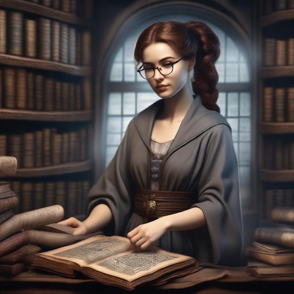 A detailed image of a medieval young sorcerer woman with brown hair in a ponytail, wearing glasses and grey robes