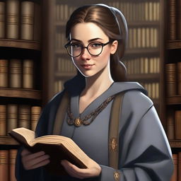 A detailed image of a medieval young sorcerer woman with brown hair in a ponytail, wearing glasses and grey robes