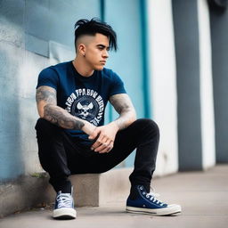 A strong man with short black hair, wearing a black Papa Roach shirt and blue Converse shoes, sitting down