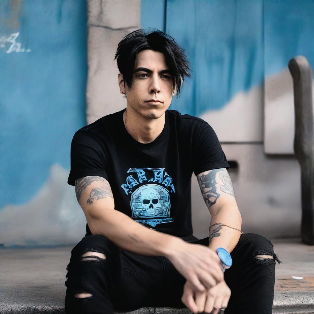 A strong man with short black hair, wearing a black Papa Roach shirt and blue Converse shoes, sitting down