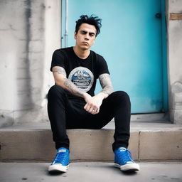 A strong man with short black hair, wearing a black Papa Roach shirt and blue Converse shoes, sitting down