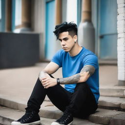 A strong man with short black hair, wearing a black Papa Roach shirt and blue Converse shoes, sitting down