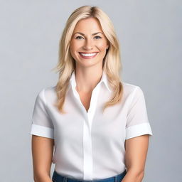 A blonde woman wearing a white shirt, standing confidently and smiling