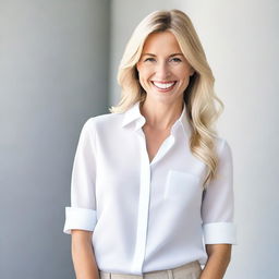 A blonde woman wearing a white shirt, standing confidently and smiling