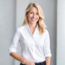 A blonde woman wearing a white shirt, standing confidently and smiling