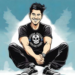 A detailed illustration of a strong man with short black hair, smiling while wearing a black band shirt featuring the logo of Papa Roach