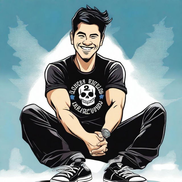 A detailed illustration of a strong man with short black hair, smiling while wearing a black band shirt featuring the logo of Papa Roach