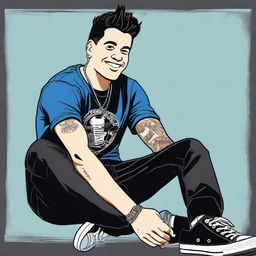 A detailed illustration of a strong man with short black hair, smiling while wearing a black band shirt featuring the logo of Papa Roach