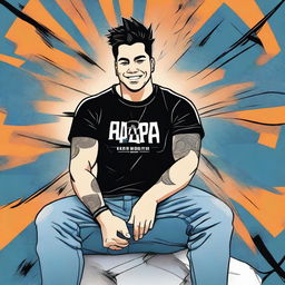 A detailed illustration of a strong man with short black hair, smiling while wearing a black band shirt featuring the logo of Papa Roach