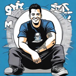 A detailed illustration of a strong man with short black hair, smiling while wearing a black band shirt featuring the logo of Papa Roach