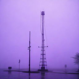 A radio station with a tall antenna in the middle of a parking lot