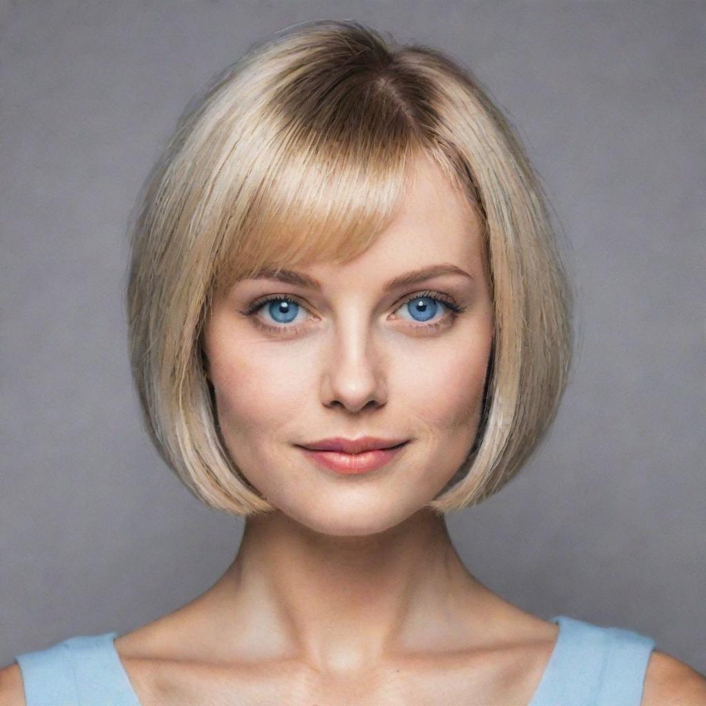 Blonde woman with a bob haircut, Russian features, and grey-blue eyes