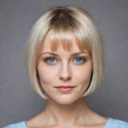 Blonde woman with a bob haircut, Russian features, and grey-blue eyes