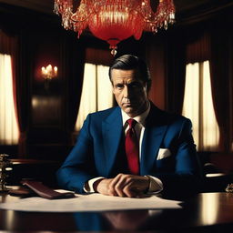 A captivating film poster featuring a central character, a man in a blue suit and red tie, sitting at a table