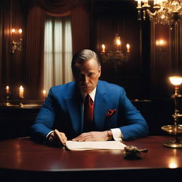 A captivating film poster featuring a central character, a man in a blue suit and red tie, sitting at a table