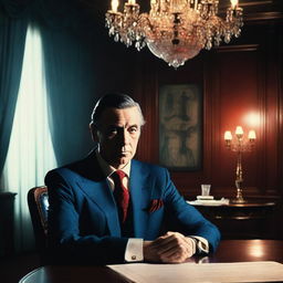 A captivating film poster featuring a central character, a man in a blue suit and red tie, sitting at a table