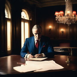 A captivating film poster featuring a central character, a man in a blue suit and red tie, sitting at a table