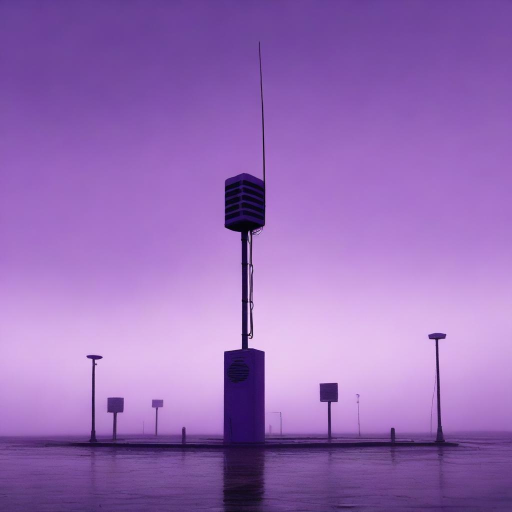 A book cover featuring a radio station with a tall antenna in the middle of a parking lot, without power, and surrounded by fog