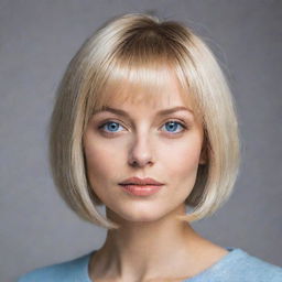 Blonde woman with a bob haircut, Russian features, and grey-blue eyes