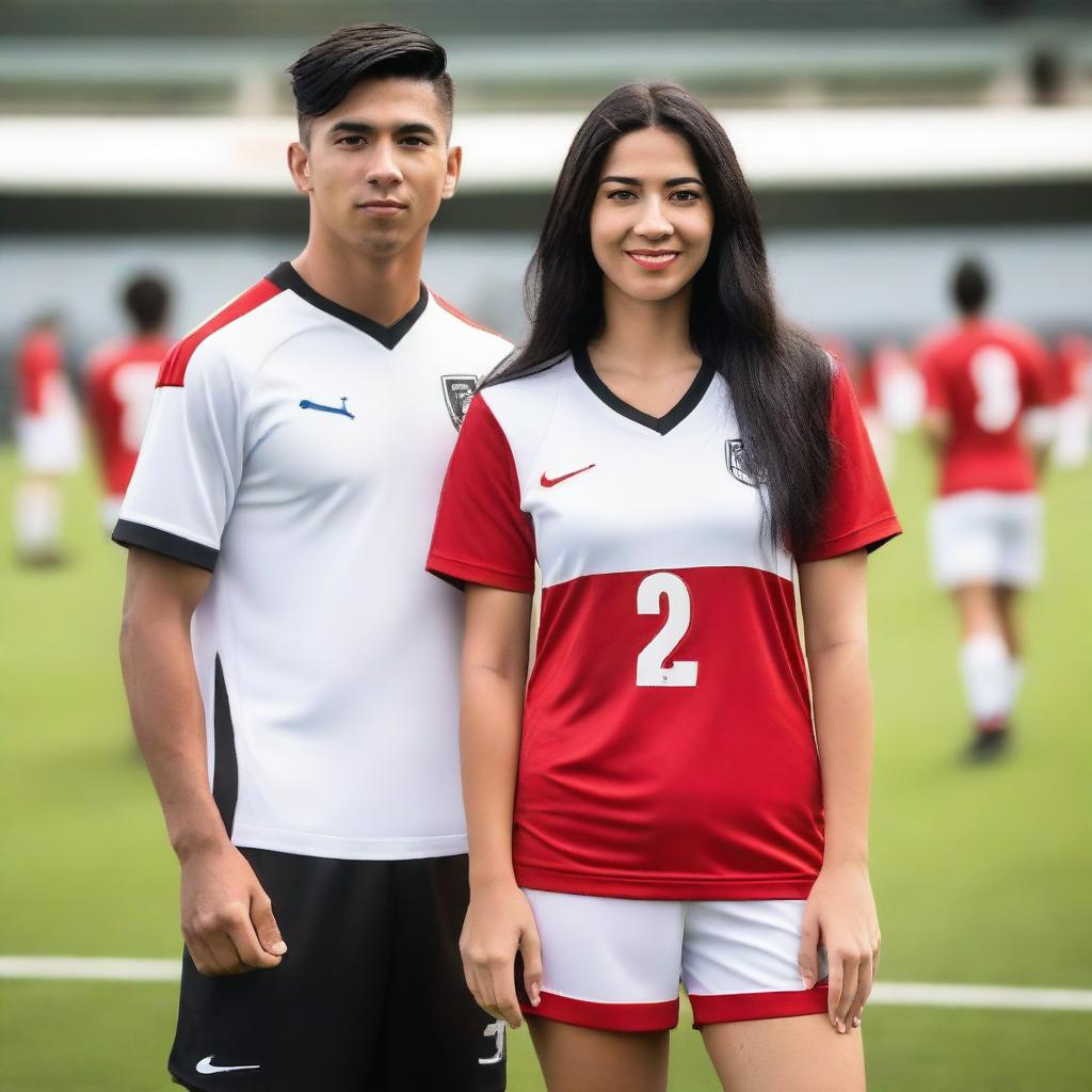 A handsome couple on a soccer field