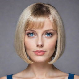 Blonde woman with a bob haircut, Russian features, and grey-blue eyes