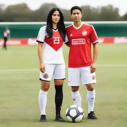 A handsome couple on a soccer field