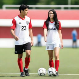 A handsome couple on a soccer field