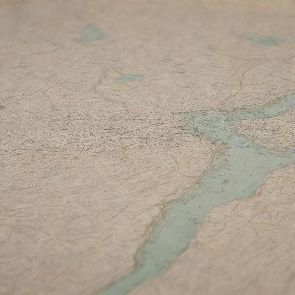 Zoom in on the hand-drawn topographical map, focusing more closely on the area surrounding the earthquake epicenter designated as the 'Great Hanshin'. Preserve the vintage, naturalistic style.