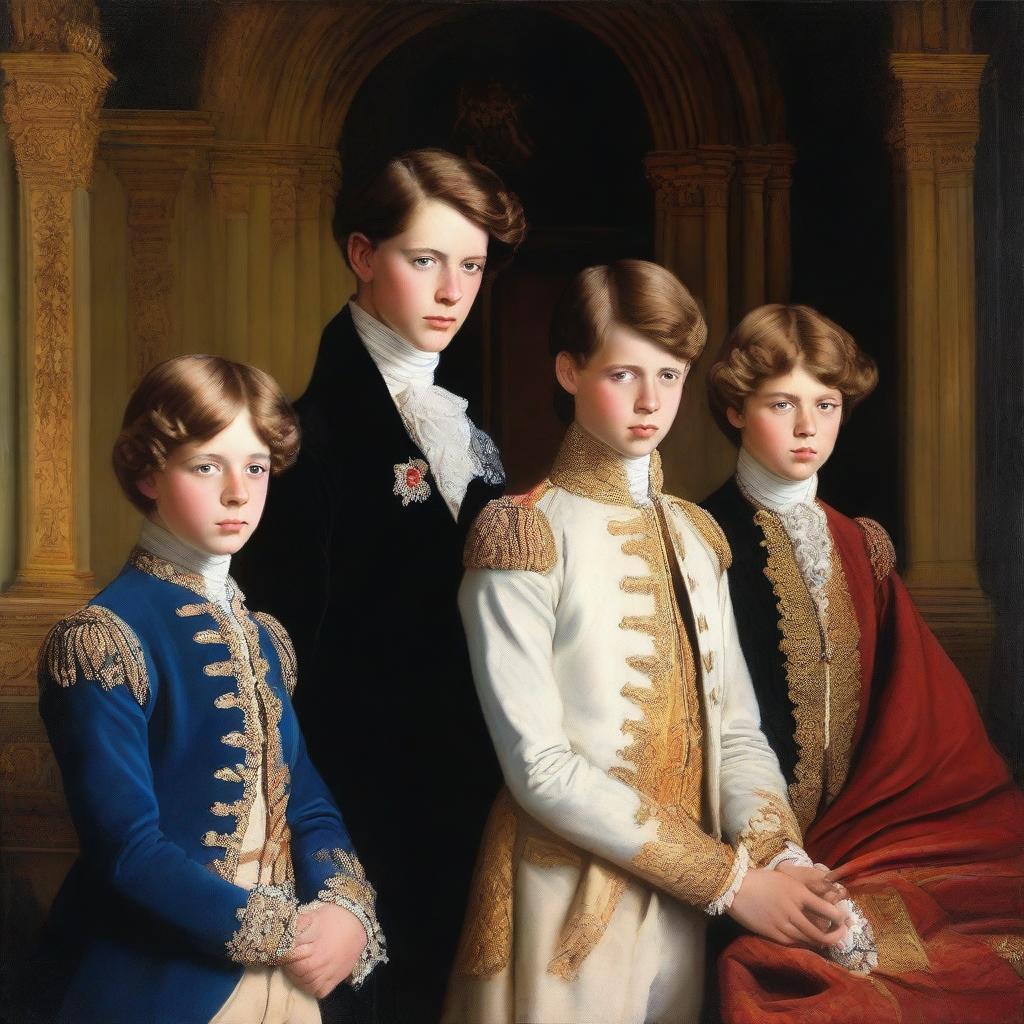 A dramatic scene featuring four young British princes, each with distinct personalities and appearances