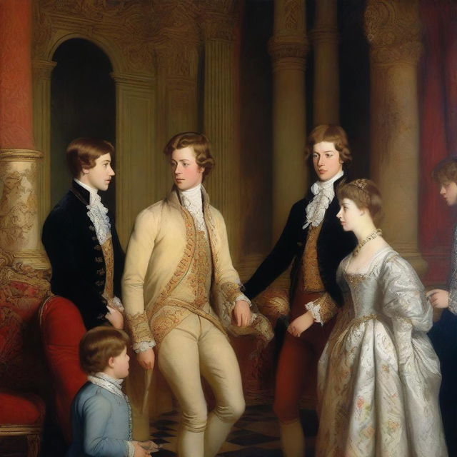 A dramatic scene featuring four young British princes, each with distinct personalities and appearances