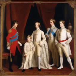 A dramatic scene featuring four young British princes, each with distinct personalities and appearances