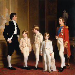 A dramatic scene featuring four young British princes, each with distinct personalities and appearances