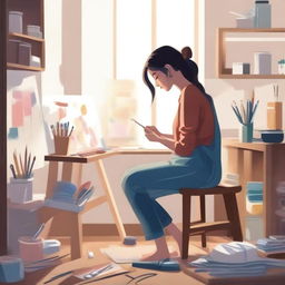 A detailed illustration of a person engaged in a creative activity, such as painting, sculpting, or crafting, in a cozy and well-lit studio filled with various art supplies and tools